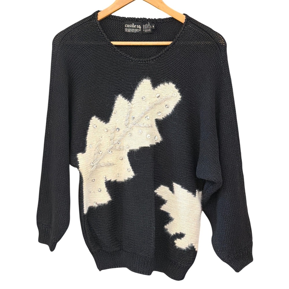 Vintage 90's Artsy Castle Sq. Sequin Leaf Sweater Whimsigoth Dark Academia Goth